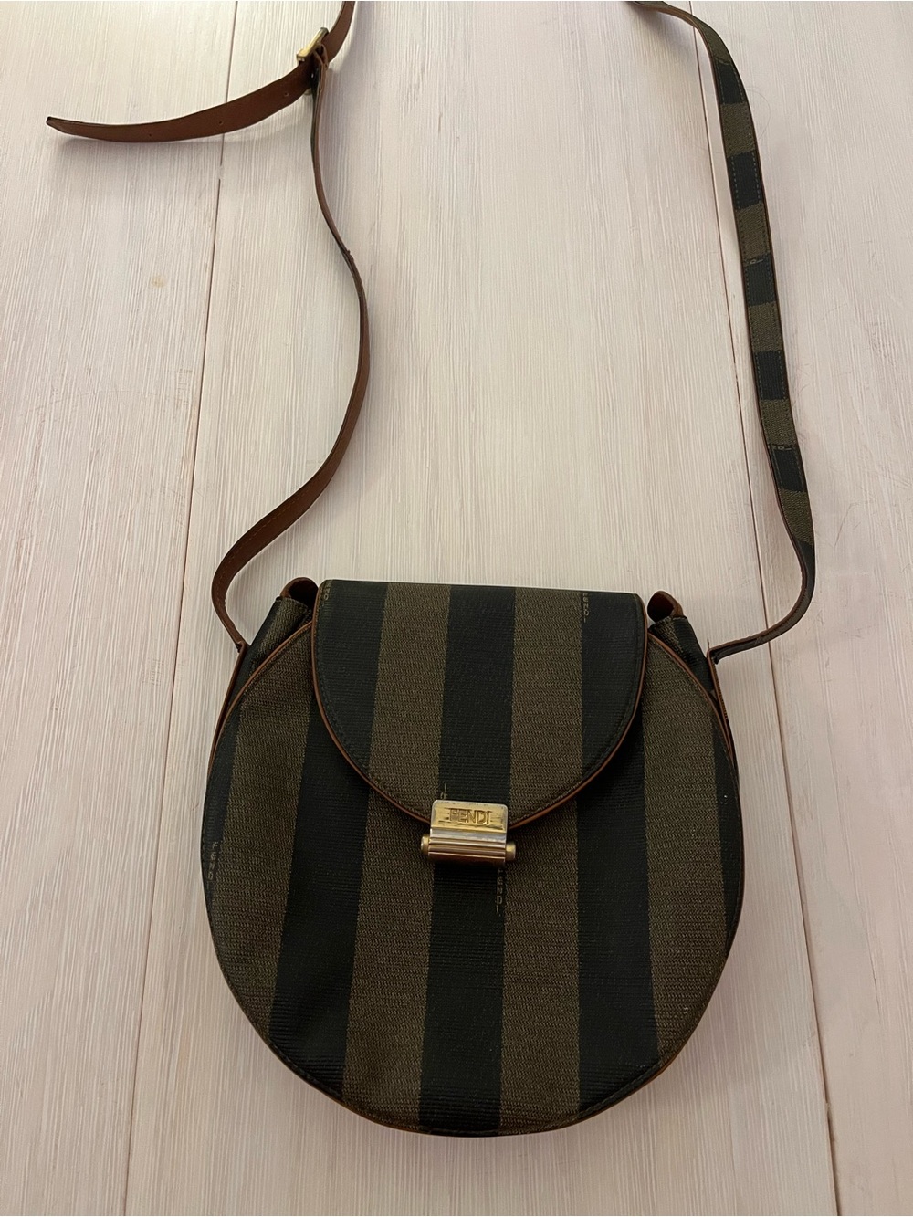Fendi Black and Brown Striped Crossbody with Gold-Tone Logo Clasp - Picture 3 of 9